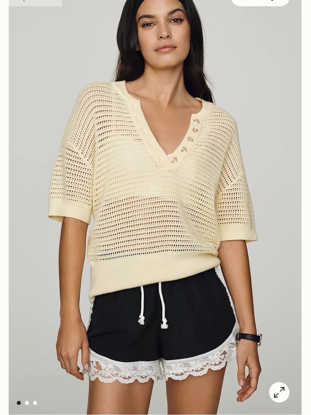 Varley Open-Knit V-Neck Short Sleeve Sweater in Light Cream
